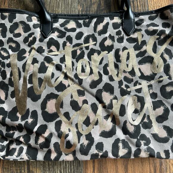 Victoria’s Secret Leopard Print Tote Bag Gold Script Logo Large Shoulder Bag - Picture 3 of 7